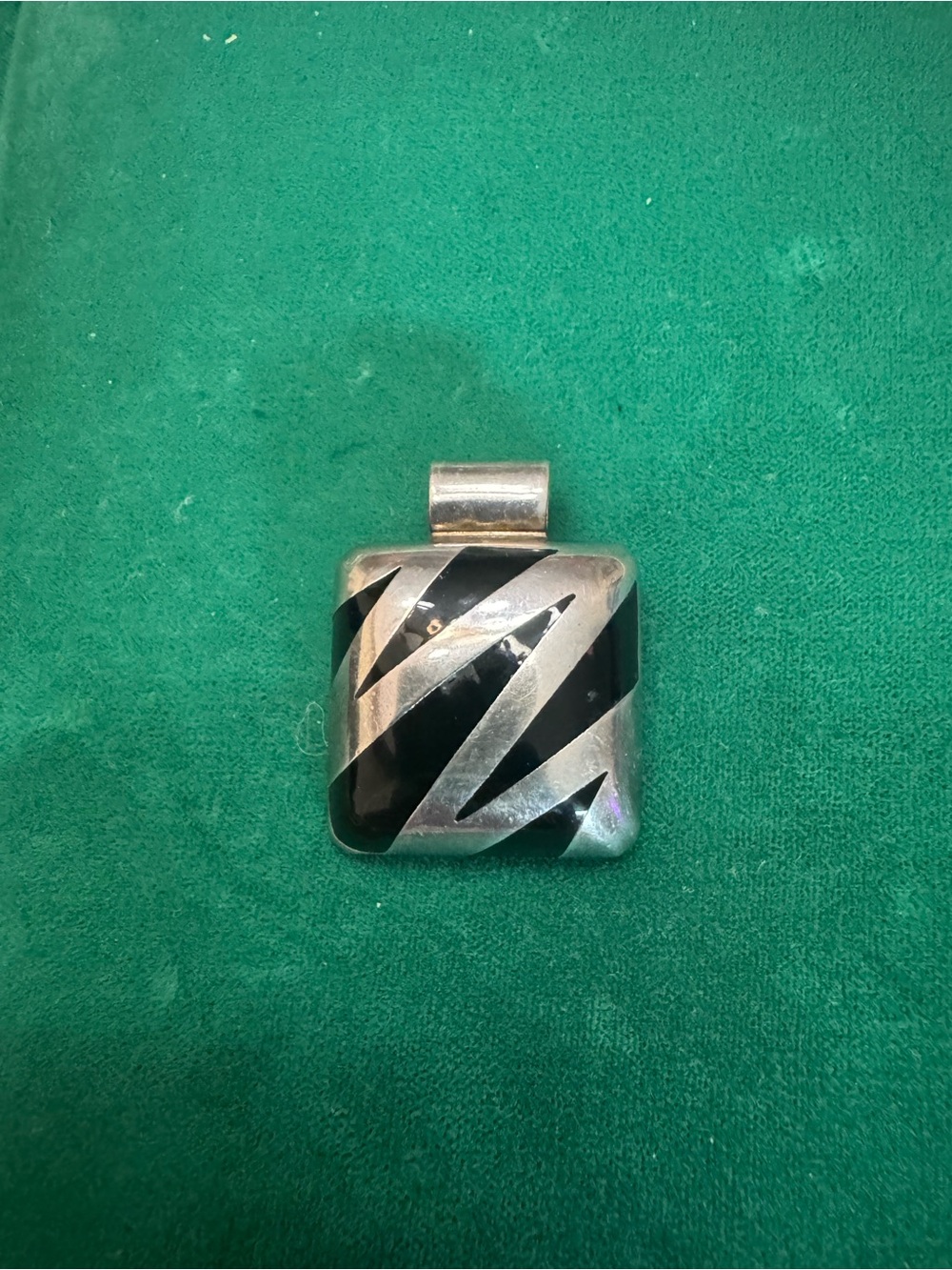 Sterling Silver Black Enamel Square Pendant - Modern Zigzag Design